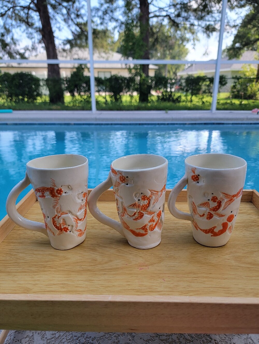 Handcrafted and Handpainted White Ceramic Mugs with Orange Koi Fish - Set of 3
